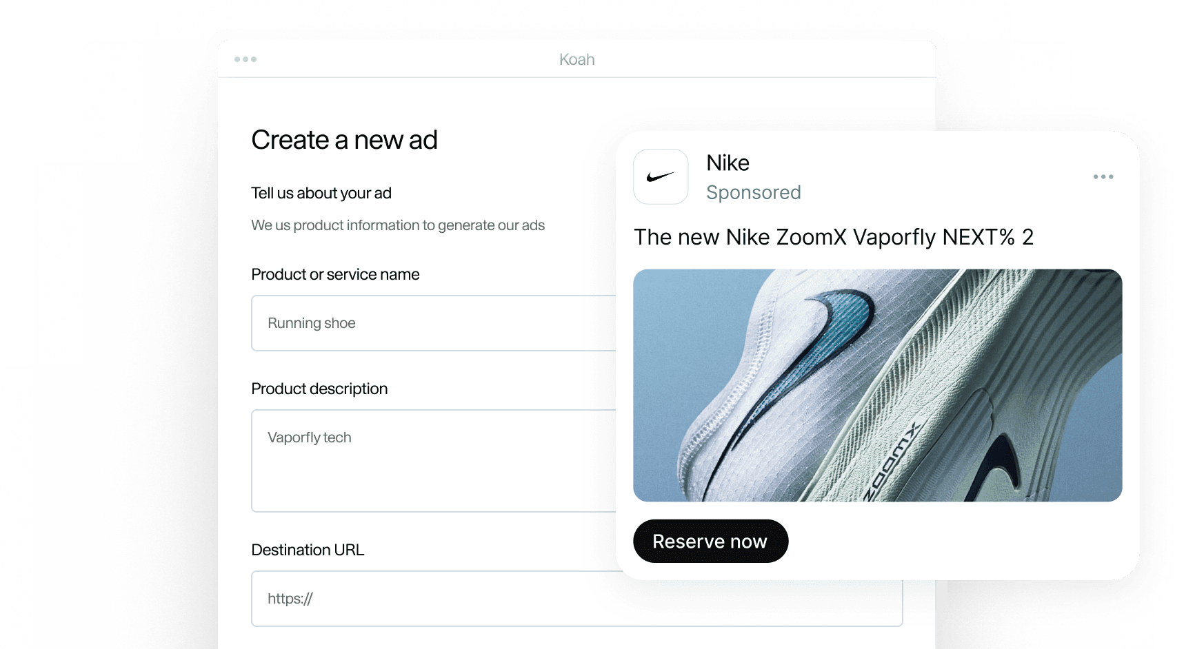 Koah ad creation dashboard