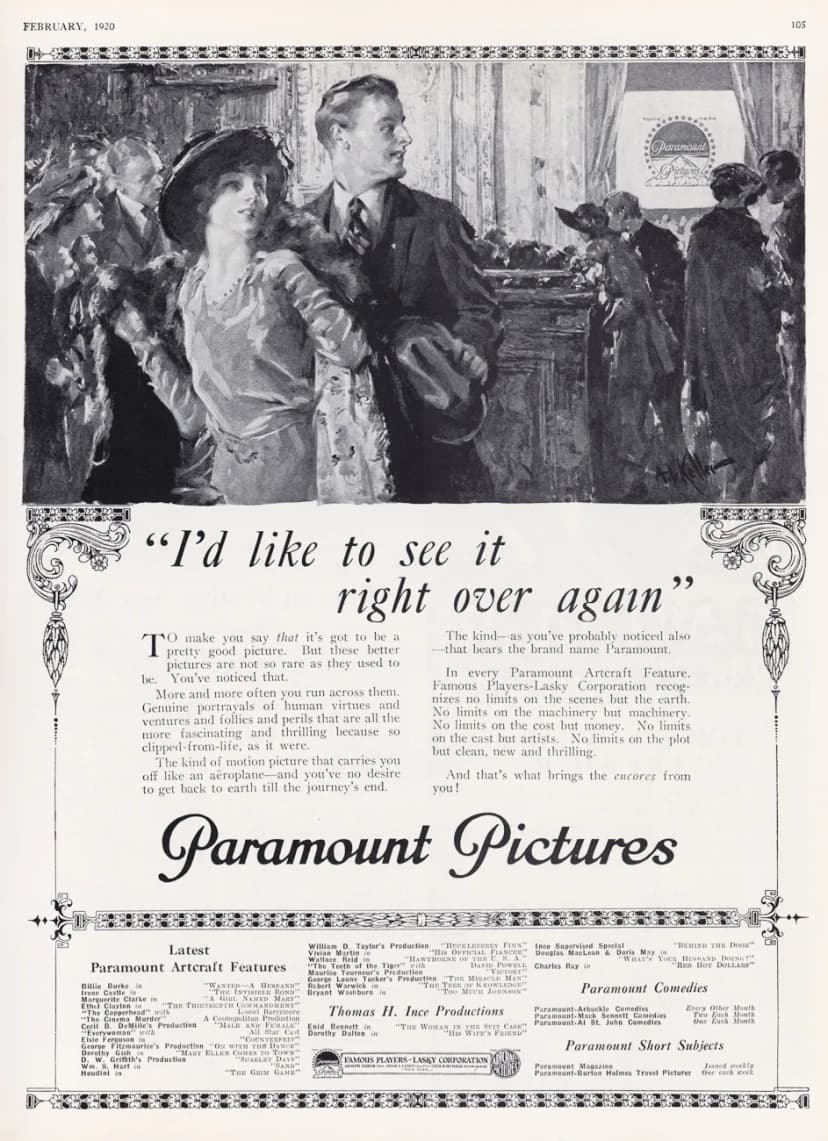 Paramount Pictures magazine advertisement, February 1920